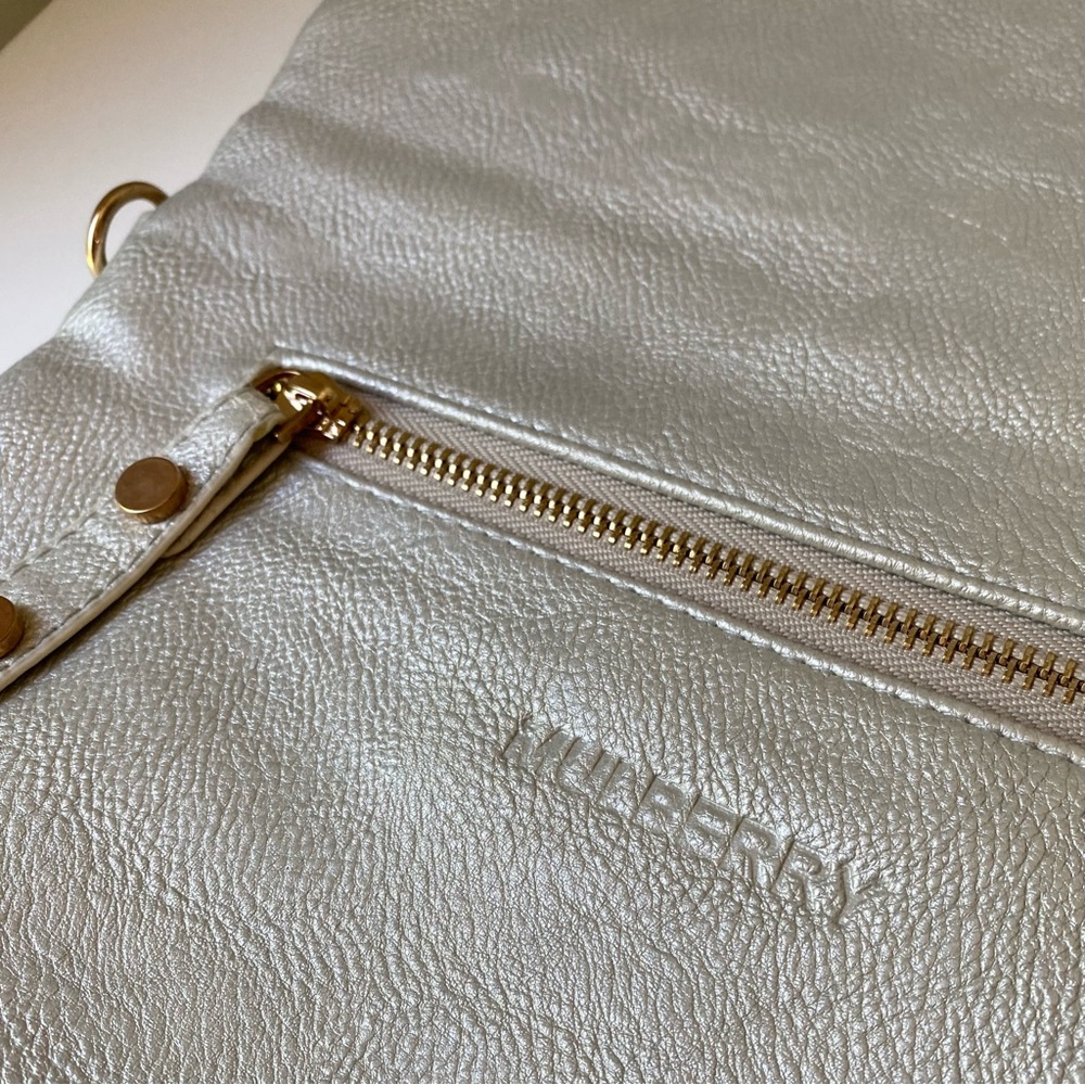 Mulberry Leather Gray Metalic Silver Foldable Clutch Bag with Shoulder 2 Straps - Picture 4 of 13